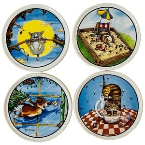 Gary Patterson Clay Design Funny Comic Cat Coasters Complete Set of 4